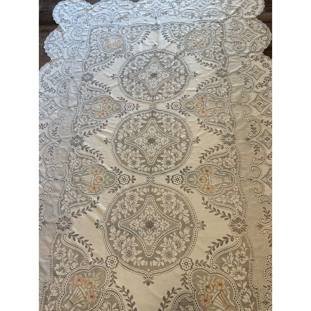 VTG? Tablecloth Peach Floral Basket Ivory Lace Scallop Edge Cottagecore 60x96